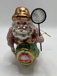 Vintage Glass Blown Fisherman Santa Riding His Biggest Trout Catch Ornament - Picture 1 of 6