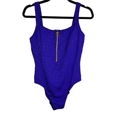 Traje de baño de una pieza sin espalda con textura púrpura Athena de colección cremallera frontal dorada talla 16 Foto 1 de 4