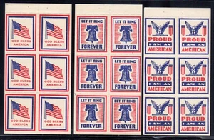 USA WWII Propaganda Flag/Bell, Eagle 3 blocks of 6 labels MNH - Picture 1 of 1