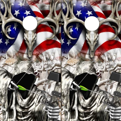 Cornhole Wrap -American Flag Bow Hunter Grim Reaper w/ Snow Buck Skull Camo A-7 - Image 1 of 2