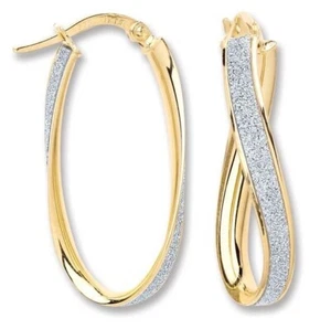 9CT HALLMARKED YELLOW GOLD MOONDUST INLAID OVAL TWIST 29MM X 13MM HOOP EARRINGS - Picture 1 of 7