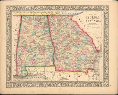 1860 Georgia & Alabama by Mitchell beautiful antique map 15.3" x 12.3" - Image 1 of 4