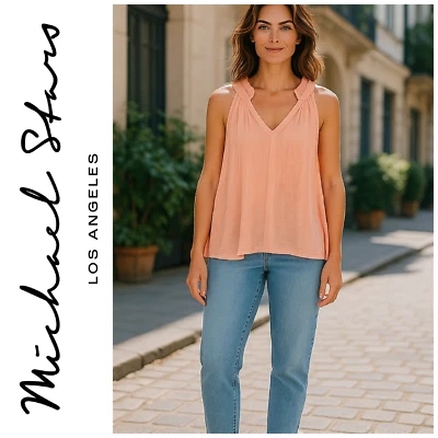 NUEVA Blusa sin mangas Michael Stars Viola Talla XL Melocotón Doble Gasa Cuello Dividido Nueva sin Etiquetas Foto 1 de 4