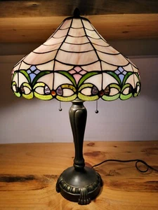 Dark Bronze Finish Accent Table Lamp Stained Glass Tiffany Style Shade 25in Tall - Picture 1 of 10