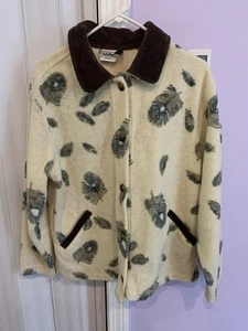 Vintage LL Bean Fleece Jacket Womens M Button Up Corduroy Collar Feathers USA - Picture 1 of 8