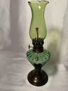 Vtg Hong Kong Miniature Green Glass Oil Lamp 10” - Picture 1 of 8
