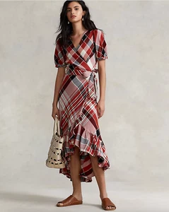 Polo Ralph Lauren NWT Plaid Ruffle-Trim Wrap Dress size US 14 short sleeve midi - Picture 1 of 14