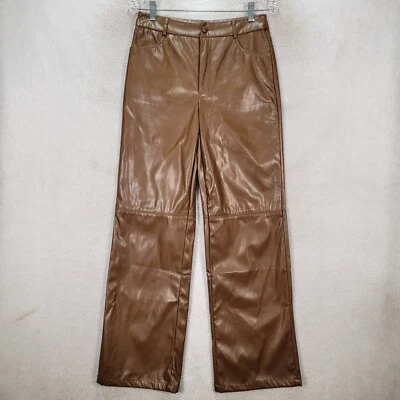 Pantalón de mujer marrón imitación cuero tiro alto festival roca recta talla M Foto 1 de 4