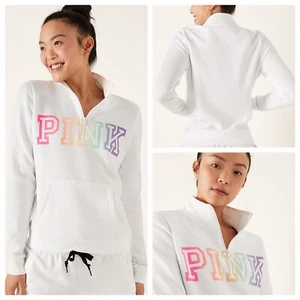 VS VICTORIAS SECRET PINK PERFECT QUARTER ZIP SWEATER JACKET WHITE RAINBOW M - Picture 1 of 6