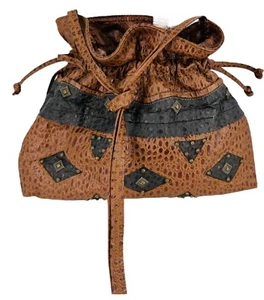 Vtg J&E Hobo Cinched Bucket Lg Shoulder Bag Purse Brn Blk Textured Leather  Stud - Picture 1 of 9