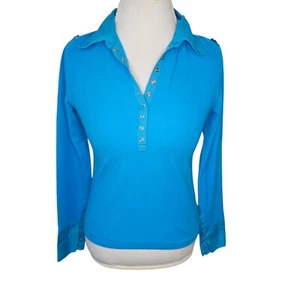 90s Y2K Womens S/M Waffle Knit Polo Longsleeve Aqua Teal Blue Snaps Retro Fitted - Picture 1 of 9