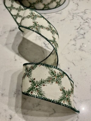 Kirkland Wire Edge IVORY Ribbon GREEN PINE 10Yards Christmas Decor Bow Gift 1.5" - Image 1 of 4