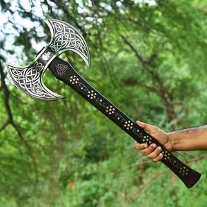 Handgefertig Doppelkopf VIKING AXE Axt Carbon Stahl mit Scheide Wikinger Engrave - Bild 1 von 8