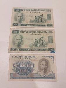 North Vietnam 100 500 Dong 1951 Democratic Republic Ho Chi Minh Viet Cong Bills - Bild 1 von 2