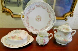 Vintage German Porcelain Rose Art Round Butter Sugar Creamer & Platter 6 Pc, - Picture 1 of 12