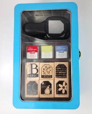 Juego de caja perforadora de etiquetas fantásticas para estampar 6 estampillas 3 manchas de tinta 1 estuche de metal perforado Foto 1 de 4