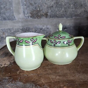 green pink Art Deco lidded sugar & creamer set marked W AUSTRIA on bottom - Picture 1 of 9