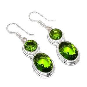 Green Peridot Gemstone Handmade 925 Sterling Silver Jewelry Earring Sz 1.7'' - Picture 1 of 1