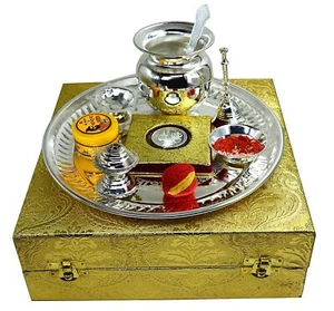 Silver Plated Puja Thali set for Diwali Pooja - Picture 1 of 6