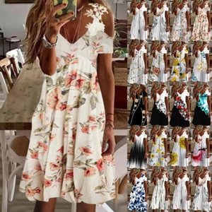 Summer Women's Imitation Cotton Printed Off Shoulder Short Sleeve Lace Dress - Picture 1 of 30