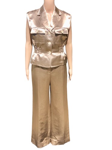 Tuta Celine vintage beige seta e lino senza maniche giacca e pantalone tg m