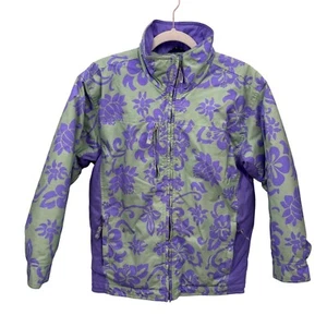 Obermeyer Ski Jacket Juniors Large Green Purple Nylon Hibiscus Flower Print Hood - Picture 1 of 12