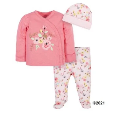 Gerber Baby Girl 3-Piece Organic Cotton "Love" Floral Take Me Home Set Size 0-3M - Image 1 of 4