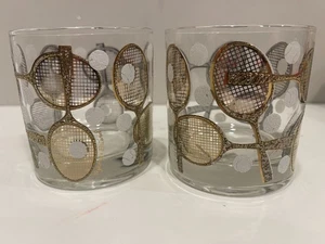 Vintage Set Of 2 MCM RARE Georges Briard Tennis Rackets Whiskey Rocks Glasses - Picture 1 of 4