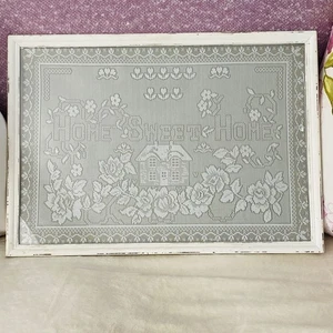 Vintage Framed Lace Panel Wall Hanging – Home Sweet Home Cottagecore Shabby Chic - Picture 1 of 13