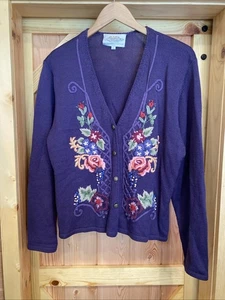 90s Susan Bristol Embroidered Floral Cardigan Womens L Purple Wool Blend Cottage - Picture 1 of 12