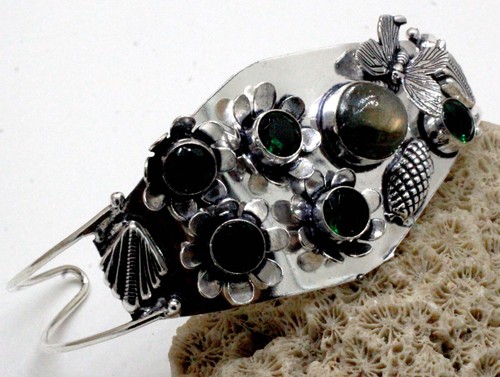 VALENTINO 925 Sterling Silver Labradorite & Chrome Gemstone Jewellery Cuff Bracelet S ADJ