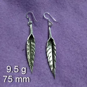 925 Fine Silver Earrings 9 g WOMEN LADY Tribal Long Dangle Feather - Picture 1 of 5