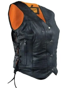 Women's Vest Leather Conceal Carry Plus 5 Pockets Side Lace Naked Cowhide Snaps - Picture 1 of 8