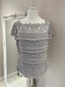 Jacques Vert Blouse Size 10 Silver Grey with Short Sleeves Chiffon & Lace - Picture 1 of 15