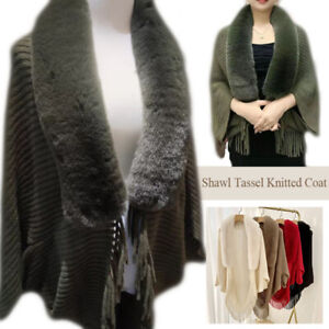 Lady Luxury Large Faux Fur Collar Shawl Tassel Knitted Wrap Shug Coat Outwear