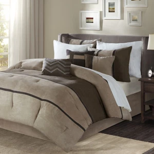 ULTRA SOFT COZY BROWN TAUPE CHOCOLATE LODGE CASUAL SUEDE STRIPE COMFORTER SET - Picture 1 of 4