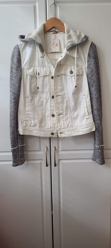 OFF WHITE Free People giacca donna maglia denim con cappuccio invecchiato bianco grigio media