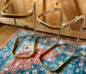 Vtg MCM Milo Baughman Style Brass Color Metal Glass Top Cantilever Side Tables - Picture 1 of 8