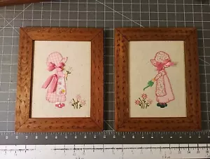 Paar Vintage Applikation rosa Sonnenhaube Sue Mädchen maßgeschneidert gerahmt Bild Wandkunst - Bild 1 von 7