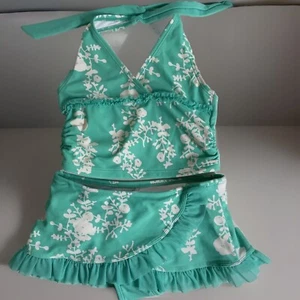 Hanna Andersson Size 4 Size 5 Girls Aqua Green Blue Tropical swimsuit tankini - Picture 1 of 6