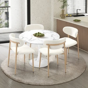 Oikiture 90cm Round Dining Table with 4x Dining Chairs Boucle White&Gold - Picture 1 of 10