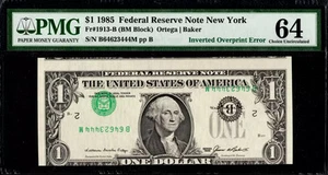 $1 1985 INVERTED OVERPRINT ERROR - TYPE II Serials  Upside Down PMG Ch Unc 64 - Picture 1 of 2