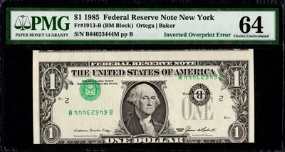 $1 1985 INVERTED OVERPRINT ERROR - TYPE II Serials  Upside Down PMG Ch Unc 64 - Image 1 of 2
