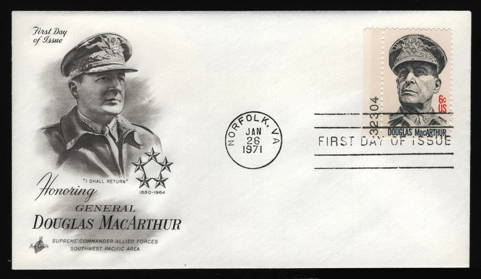 #1424 6c Douglas MacArthur, Art Craft FDC **ANY 5=FREE SHIPPING** - Image 1 of 1