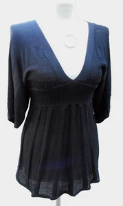 $105 BEBE Black Silk Tunic Top Peplum Knit Sweater Stretchy Elbow Sleeve Flare M - Picture 1 of 6