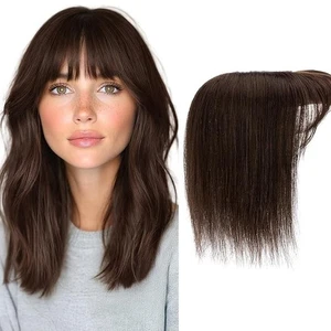 Dunkelbraune 100 % echte menschliche Clip-In mit Pony Haar Topper 10 Zoll Perücke - Bild 1 von 5