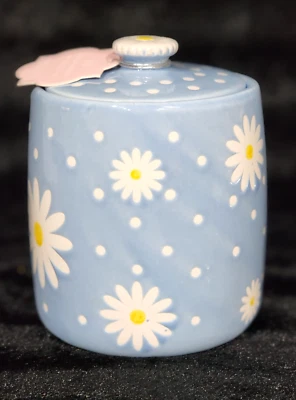 Blue with White Daisies & Dots Canister Cookie Jar 6" Ceramic Kitchen Daisy Cute - Image 1 of 4