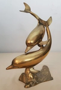 Vintage Mid Century Solid Brass Double Dolphin Statue Large Sculpture 14” Tall - Picture 1 of 13