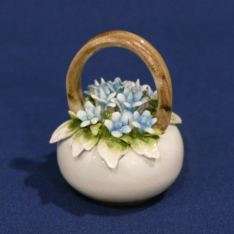 Vintage Capodimonte Porcelain 2¾" Basket Blue of Flowers Italy Blue Crown Label Cover