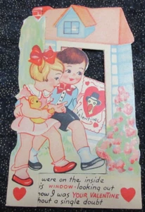 Vintage 3-D USA Valentine Card BOY & GIRL LOOKING IN HOME WINDOW Without a Doubt - Picture 1 of 5